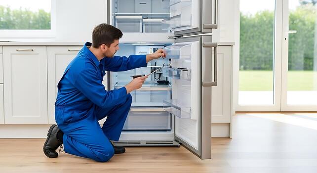 technician-inspecting-open-modern-refrigerator-in-bright-kitchen-free-photo